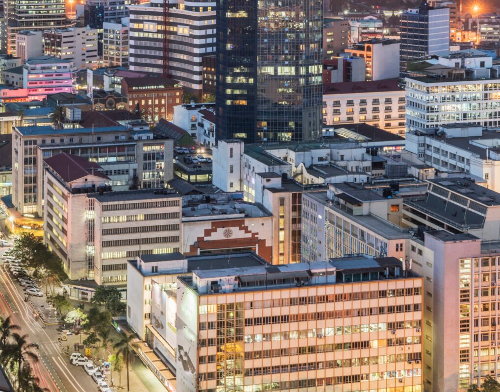 Modern buildings downtown Nairobi, at dusk, Nairobi Area, Kenya, Africa